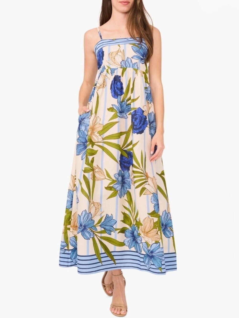 Cece Blue Floral Print Sleeveless Maxi Sundress with Pockets Cottagecore Cotton